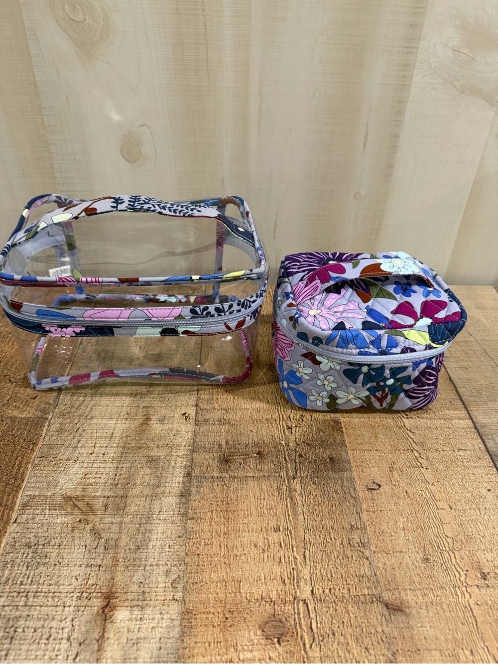 Vera Bradley Set-Purple Floral Quilted Cosmetic Case with Clear Floral Trim Case